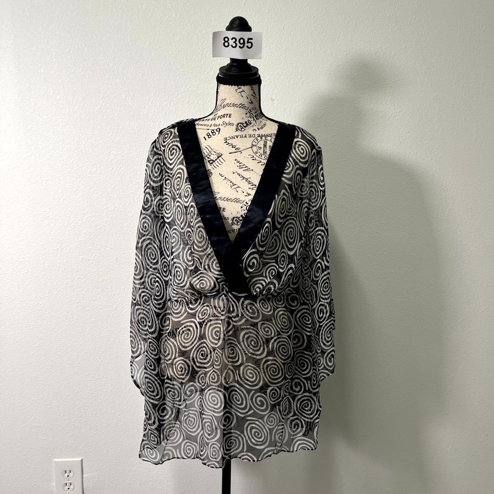 Carole Little Kimono Womens 1X Black White Swirl Print‎ Sheer Silk V Neck Casual